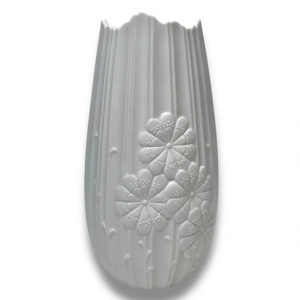 Vintage Kaiser White Bisque Porcelain Floral Pattern Jagged Edge Vase